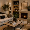 Luxury modern living room with neutral decor, cozy fireplace, ambient lighting, and elegant contemporary furniture styling.