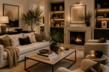 Luxury modern living room with neutral decor, cozy fireplace, ambient lighting, and elegant contemporary furniture styling.