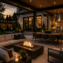 Luxury outdoor patio with modern fire pit seating area, outdoor kitchen, ambient lighting, and upscale backyard living space at dusk.
