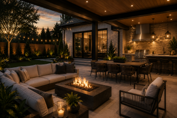 Luxury outdoor patio with modern fire pit seating area, outdoor kitchen, ambient lighting, and upscale backyard living space at dusk.
