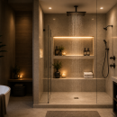 Luxury spa-inspired walk-in shower with warm lighting, stone tile walls, rainfall showerhead, and modern freestanding bathtub in an elegant bathroom interior.