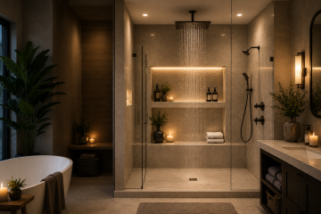 Luxury spa-inspired walk-in shower with warm lighting, stone tile walls, rainfall showerhead, and modern freestanding bathtub in an elegant bathroom interior.