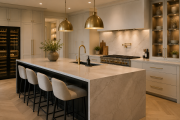 Modern luxury kitchen featuring a large marble waterfall island, brass pendant lighting, white cabinetry, and upscale contemporary finishes.