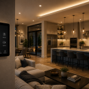 Modern luxury smart home interior featuring automated lighting controls, contemporary kitchen design, and connected home technology.