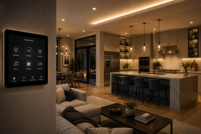 Modern luxury smart home interior featuring automated lighting controls, contemporary kitchen design, and connected home technology.